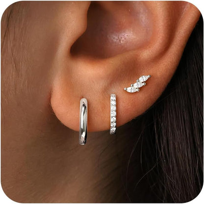 Gold Huggie Hoop Earrings Set for Women, Dainty Small Sterling Silver Earrings for Multiple Piercing Lightweight Hypoallergenic Jewelry, Trendy Twisted Cubic Zircon Cartilage Earrings for Women's Gifts 3 Pairs