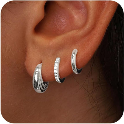 Gold Huggie Hoop Earrings Set for Women, Dainty Small Sterling Silver Earrings for Multiple Piercing Lightweight Hypoallergenic Jewelry, Trendy Twisted Cubic Zircon Cartilage Earrings for Women's Gifts 3 Pairs