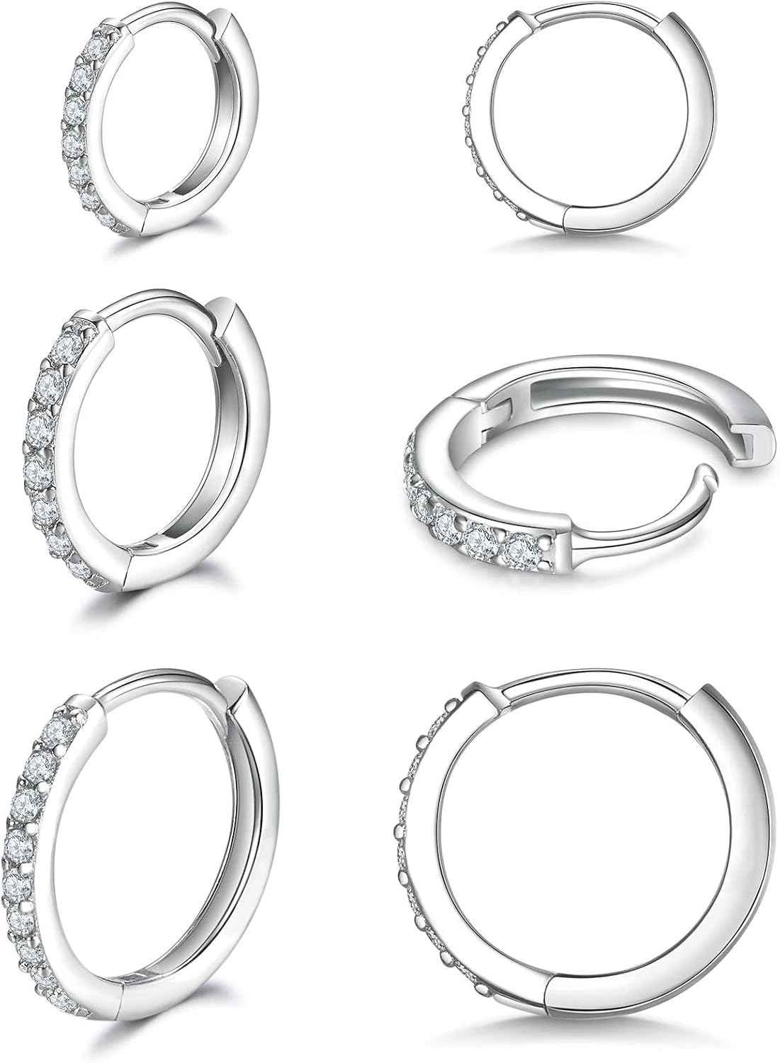 925 Sterling Silver Small Hoop Earrings Cubic Zirconia Huggie Hoop Earrings, 3 Pairs 14K White Gold Plated Cartilage Piercing Earrings Ear Cuff Tiny Hoop Earrings for Women Men
