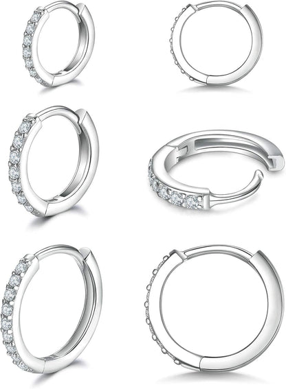 925 Sterling Silver Small Hoop Earrings Cubic Zirconia Huggie Hoop Earrings, 3 Pairs 14K White Gold Plated Cartilage Piercing Earrings Ear Cuff Tiny Hoop Earrings for Women Men