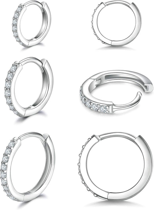 925 Sterling Silver Small Hoop Earrings Cubic Zirconia Huggie Hoop Earrings, 3 Pairs 14K White Gold Plated Cartilage Piercing Earrings Ear Cuff Tiny Hoop Earrings for Women Men