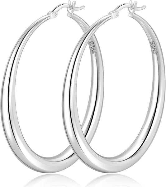 PABBEU S925 Sterling Silver Hoop Earrings Large Silver Hoop Earrings for Women Hypoallergenic Lightweight Big Thick Silver Hoop Earrings for Women Girls 35/40/50/60/70mm