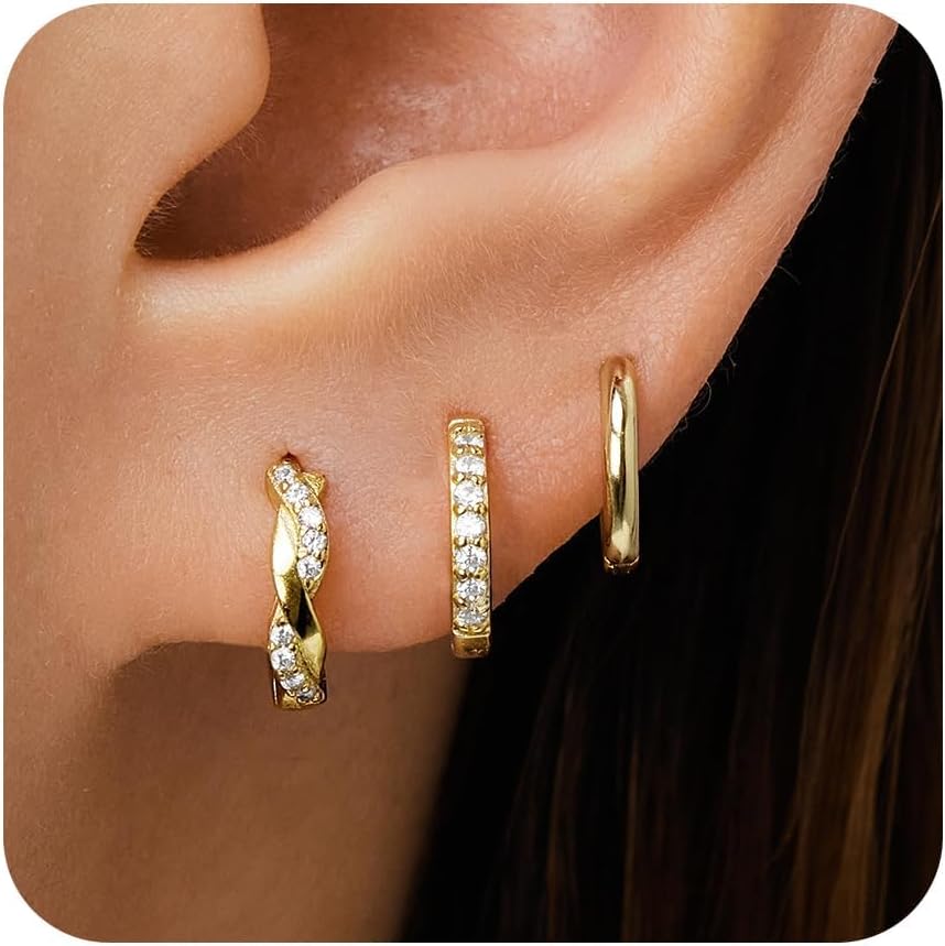 Gold Huggie Hoop Earrings Set for Women, Dainty Small Sterling Silver Earrings for Multiple Piercing Lightweight Hypoallergenic Jewelry, Trendy Twisted Cubic Zircon Cartilage Earrings for Women's Gifts 3 Pairs