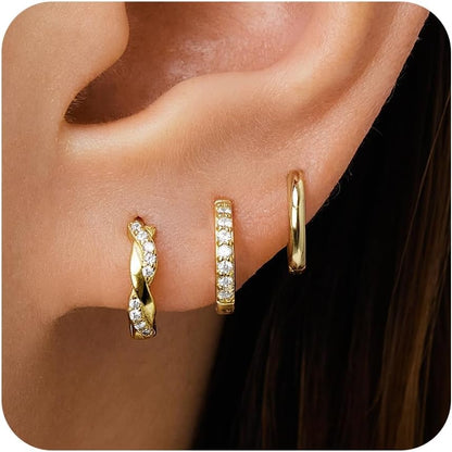 Gold Huggie Hoop Earrings Set for Women, Dainty Small Sterling Silver Earrings for Multiple Piercing Lightweight Hypoallergenic Jewelry, Trendy Twisted Cubic Zircon Cartilage Earrings for Women's Gifts 3 Pairs