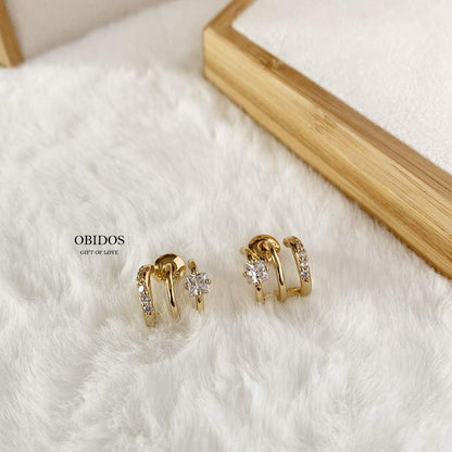S925 14K Gold Plated Triple Huggie Illusion Stud Earrings | Double Huggie Hoop Earrings for One Hole | Gold Hoop Earrings for Women | Drop earrings