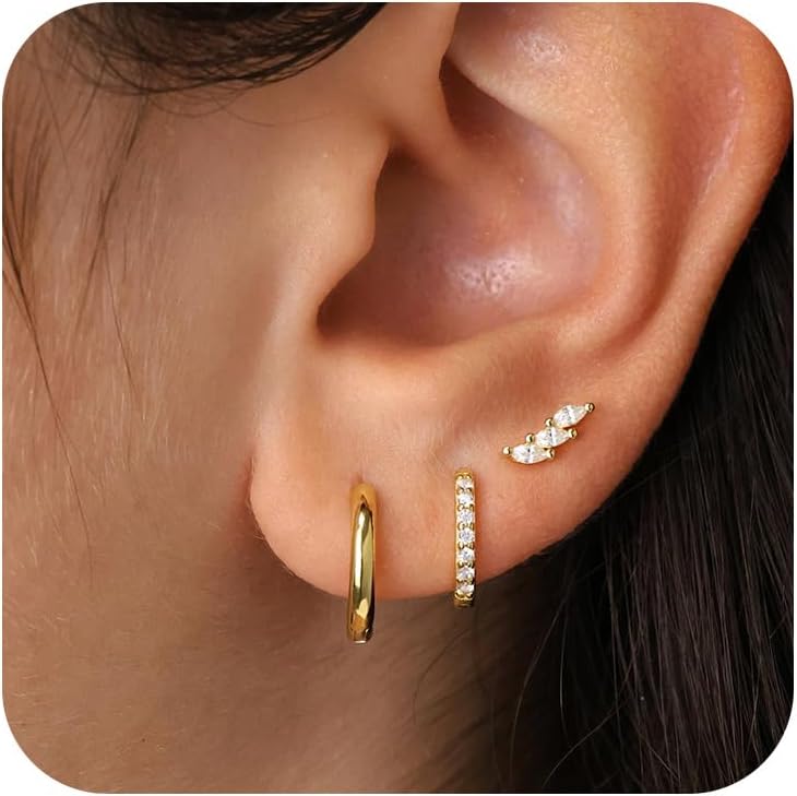 Gold Huggie Hoop Earrings Set for Women, Dainty Small Sterling Silver Earrings for Multiple Piercing Lightweight Hypoallergenic Jewelry, Trendy Twisted Cubic Zircon Cartilage Earrings for Women's Gifts 3 Pairs