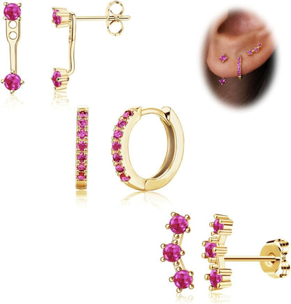 Gold Stud Earrings Set for Women, 3 Pairs Huggie Hoop Jacket Studs Earring Stack for Multiple Piercing, Hypoallergenic 925 Sterling Silver Post Dainty Birthstone Trendy Valentine Jewelry Gifts