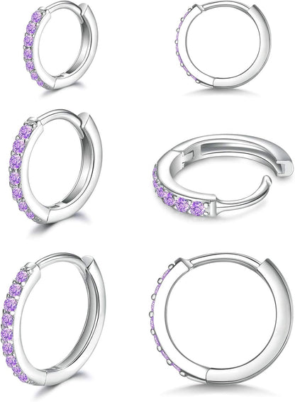925 Sterling Silver Small Hoop Earrings Cubic Zirconia Huggie Hoop Earrings, 3 Pairs 14K White Gold Plated Cartilage Piercing Earrings Ear Cuff Tiny Hoop Earrings for Women Men