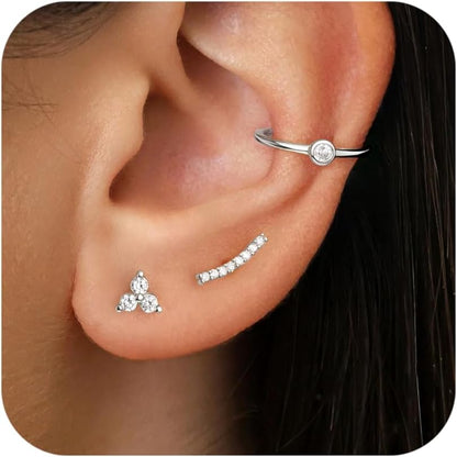 Gold Stud Earrings Set for Women, 3 Pairs Huggie Hoop Jacket Studs Earring Stack for Multiple Piercing, Hypoallergenic 925 Sterling Silver Post Dainty Birthstone Trendy Valentine Jewelry Gifts