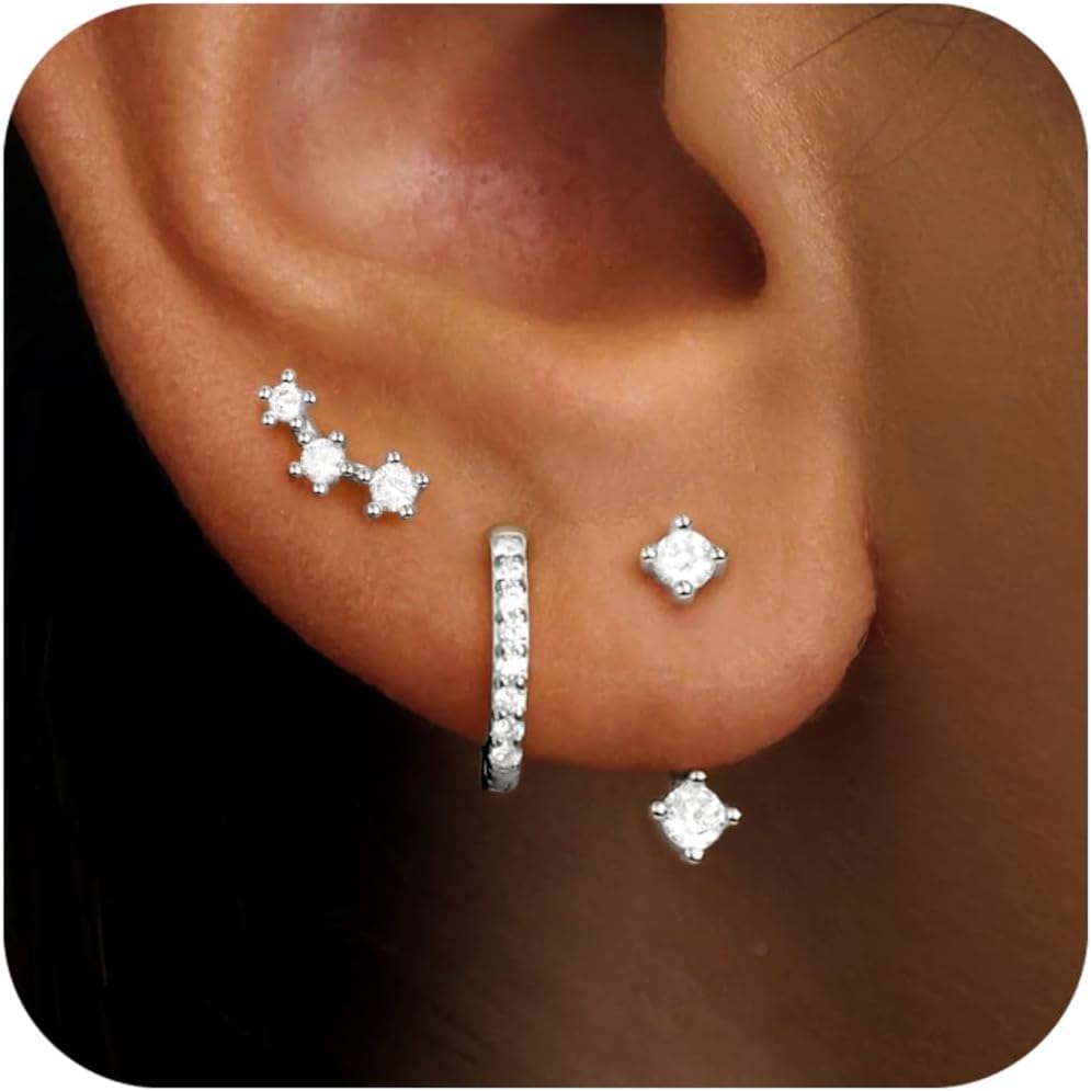 Gold Stud Earrings Set for Women, 3 Pairs Huggie Hoop Jacket Studs Earring Stack for Multiple Piercing, Hypoallergenic 925 Sterling Silver Post Dainty Birthstone Trendy Valentine Jewelry Gifts