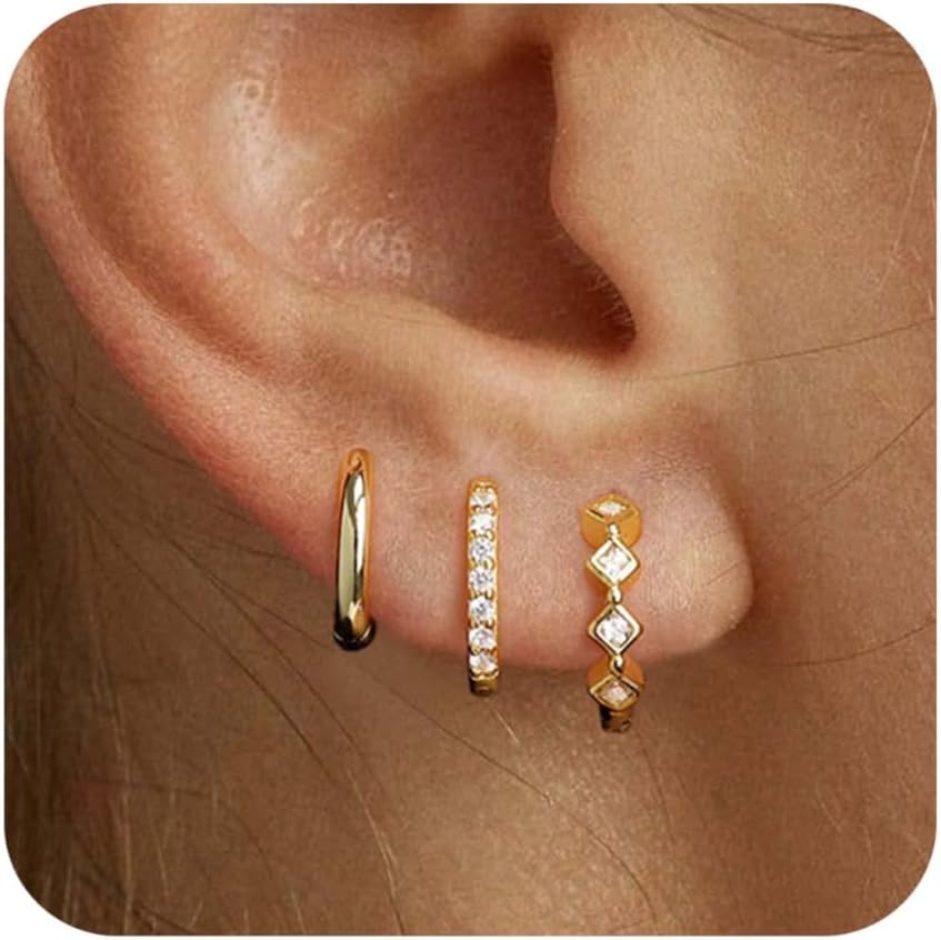 3 Pairs Gold Hoop Earrings Set: Dainty Stud Earrings Trendy Small 14K Gold Plated Hypoallergenic Dangle Cartilage Huggie Hoop Earrings for Women Gold Jewelry for Women Girls Gifts
