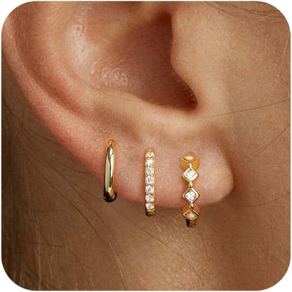 3 Pairs Gold Hoop Earrings Set: Dainty Stud Earrings Trendy Small 14K Gold Plated Hypoallergenic Dangle Cartilage Huggie Hoop Earrings for Women Gold Jewelry for Women Girls Gifts