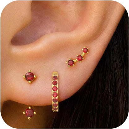 Gold Stud Earrings Set for Women, 3 Pairs Huggie Hoop Jacket Studs Earring Stack for Multiple Piercing, Hypoallergenic 925 Sterling Silver Post Dainty Birthstone Trendy Valentine Jewelry Gifts
