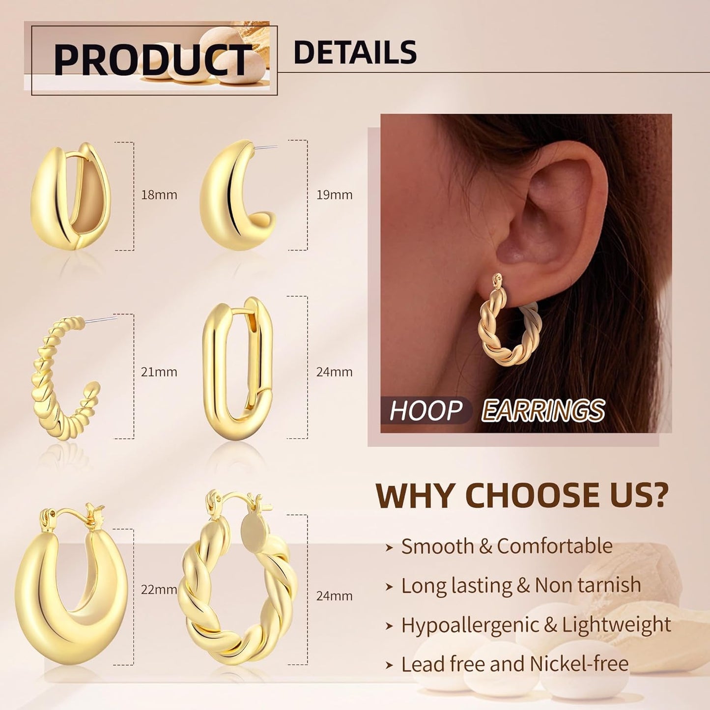 6-Pair Gold-Tone Chunky Hoop Earrings Set