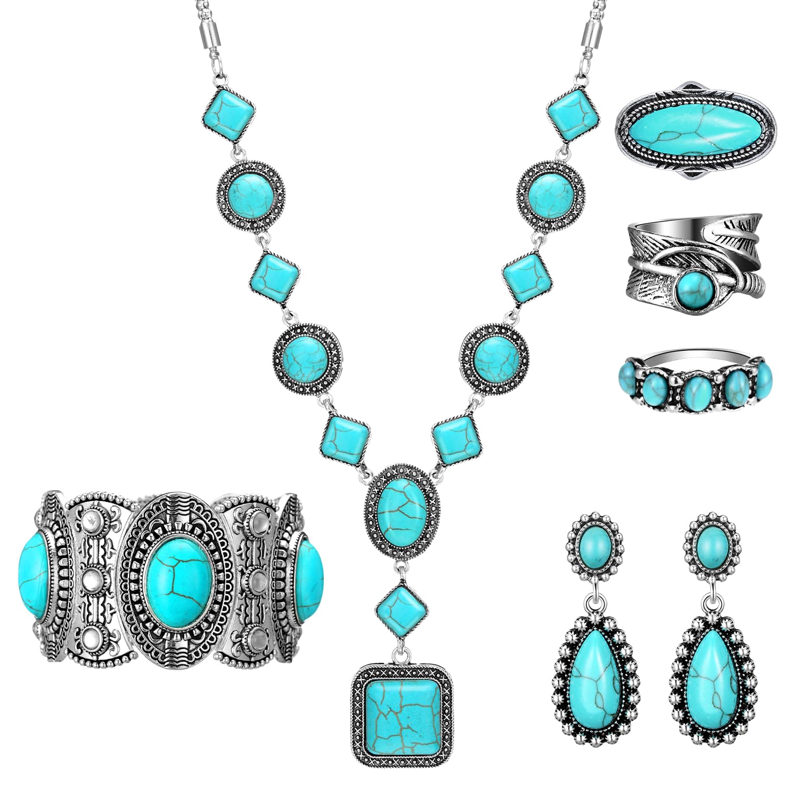 Bohemian Western Jewelry Turquoise Set Women Country Pendant Long Choker Layered Bracelets Earrings Ring for Women