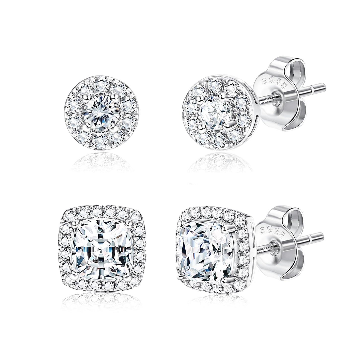 18K Gold Plated Halo Stud Earrings 925 Sterling Silver Cubic Zirconia Stud Earrings Round Square Diamonique Stud Earrings Set for Women Men