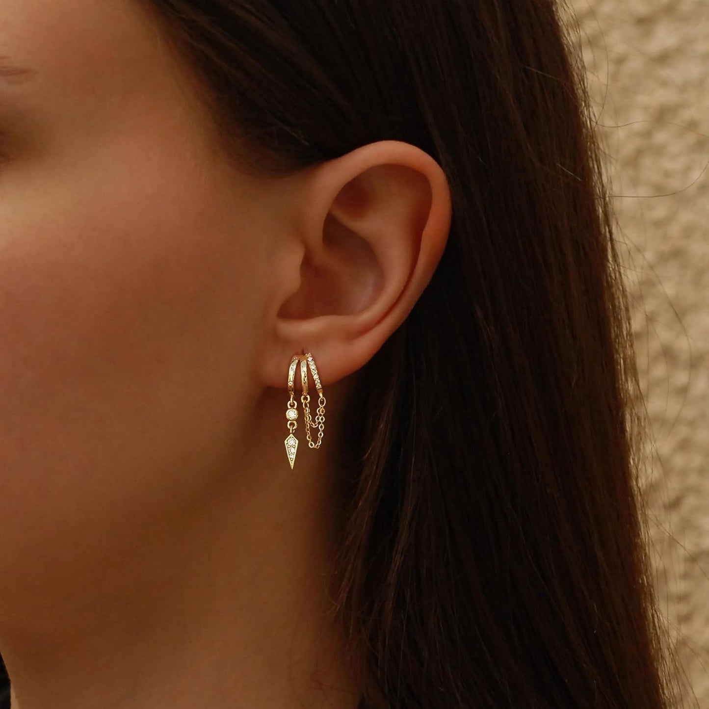 Dangle Earrings for Women,14k Gold Plated Triple Huggie Stud Earrings Cute Statement Chain Earring Dainty Drop Earrings for Women Trendy Gold Plated Jewelry