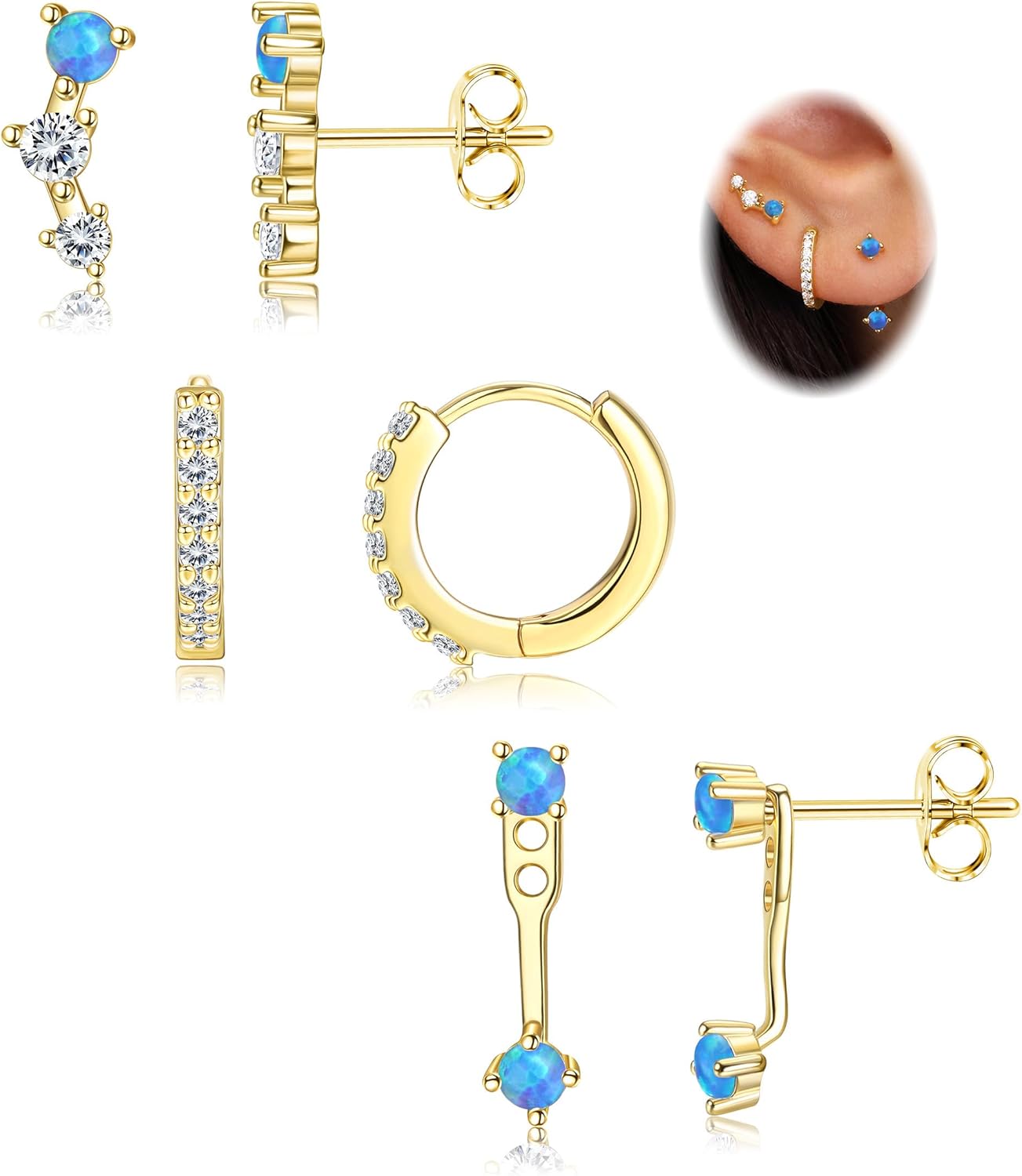 FIASASO 3 Pairs 925 Sterling Silver Hypoallergenic Earrings Set for Multiple Piercing Dainty 14K Gold Plated Stud Huggie Small Hoop Earrings for Women Trendy Cute Earring Stacks for Sensitive Ears