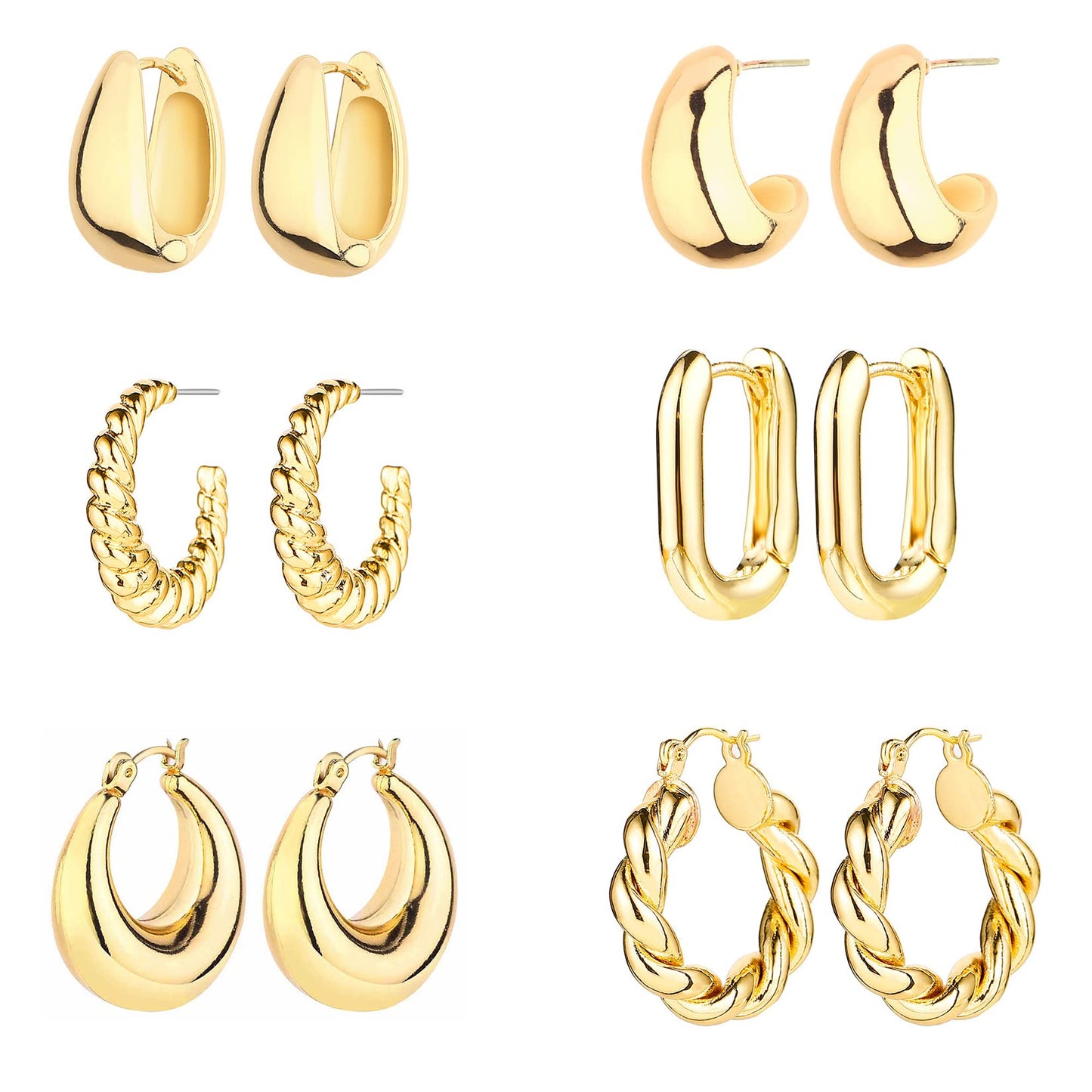 6-Pair Gold-Tone Chunky Hoop Earrings Set