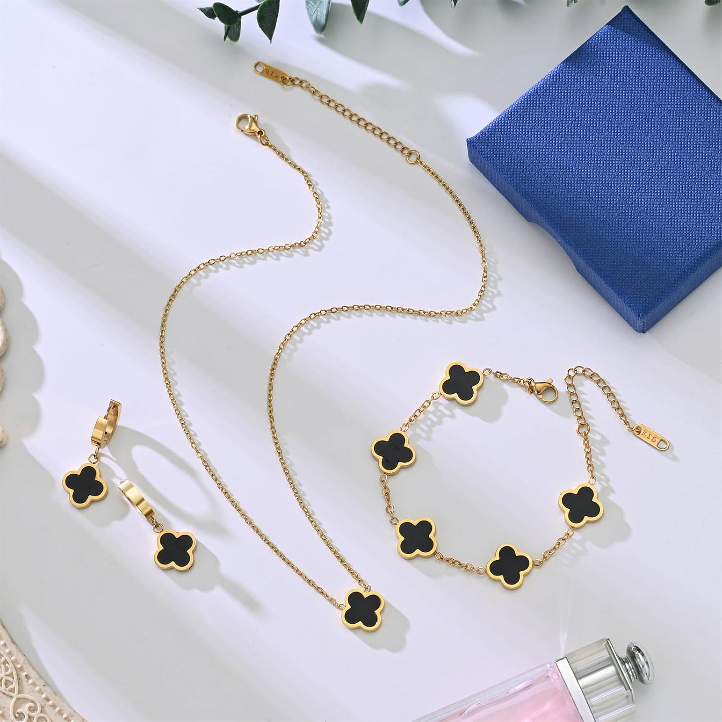 Gold-Tone Black Clover Leaf Jewelry Set