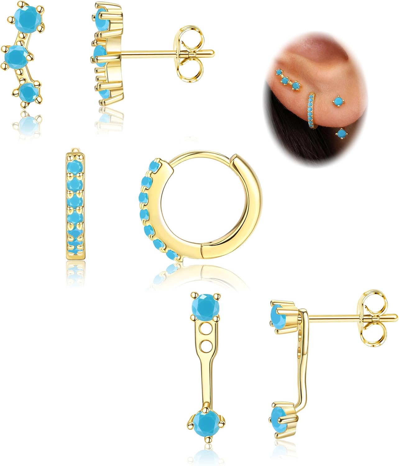 FIASASO 3 Pairs 925 Sterling Silver Hypoallergenic Earrings Set for Multiple Piercing Dainty 14K Gold Plated Stud Huggie Small Hoop Earrings for Women Trendy Cute Earring Stacks for Sensitive Ears