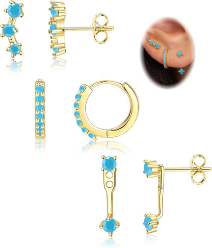 FIASASO 3 Pairs 925 Sterling Silver Hypoallergenic Earrings Set for Multiple Piercing Dainty 14K Gold Plated Stud Huggie Small Hoop Earrings for Women Trendy Cute Earring Stacks for Sensitive Ears