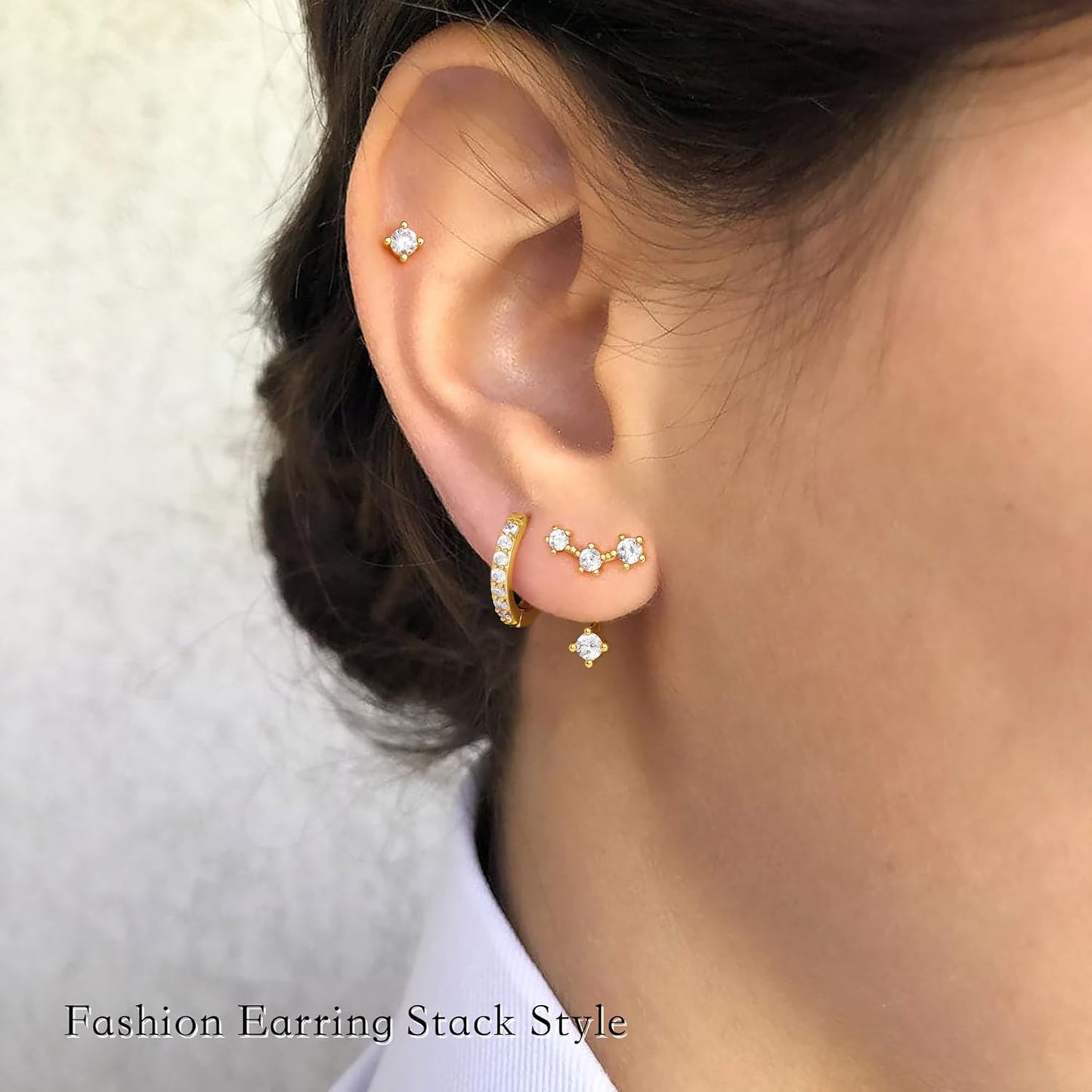 Gold Stud Earrings Set for Women, 3 Pairs Huggie Hoop Jacket Studs Earring Stack for Multiple Piercing, Hypoallergenic 925 Sterling Silver Post Dainty Birthstone Trendy Valentine Jewelry Gifts