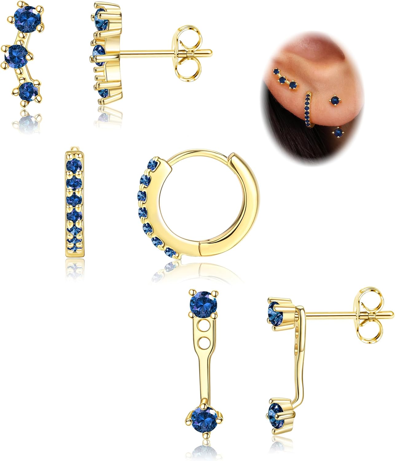 FIASASO 3 Pairs 925 Sterling Silver Hypoallergenic Earrings Set for Multiple Piercing Dainty 14K Gold Plated Stud Huggie Small Hoop Earrings for Women Trendy Cute Earring Stacks for Sensitive Ears