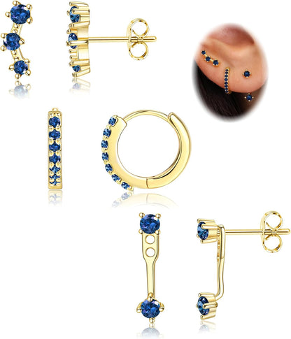 FIASASO 3 Pairs 925 Sterling Silver Hypoallergenic Earrings Set for Multiple Piercing Dainty 14K Gold Plated Stud Huggie Small Hoop Earrings for Women Trendy Cute Earring Stacks for Sensitive Ears