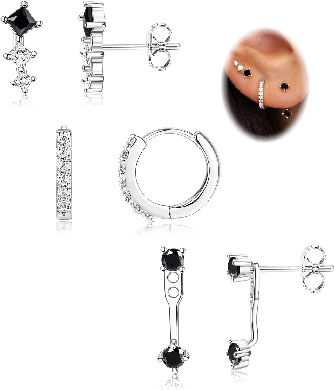 FIASASO 3 Pairs 925 Sterling Silver Hypoallergenic Earrings Set for Multiple Piercing Dainty 14K Gold Plated Stud Huggie Small Hoop Earrings for Women Trendy Cute Earring Stacks for Sensitive Ears