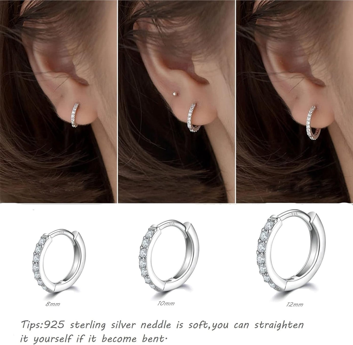 925 Sterling Silver Small Hoop Earrings Cubic Zirconia Huggie Hoop Earrings, 3 Pairs 14K White Gold Plated Cartilage Piercing Earrings Ear Cuff Tiny Hoop Earrings for Women Men