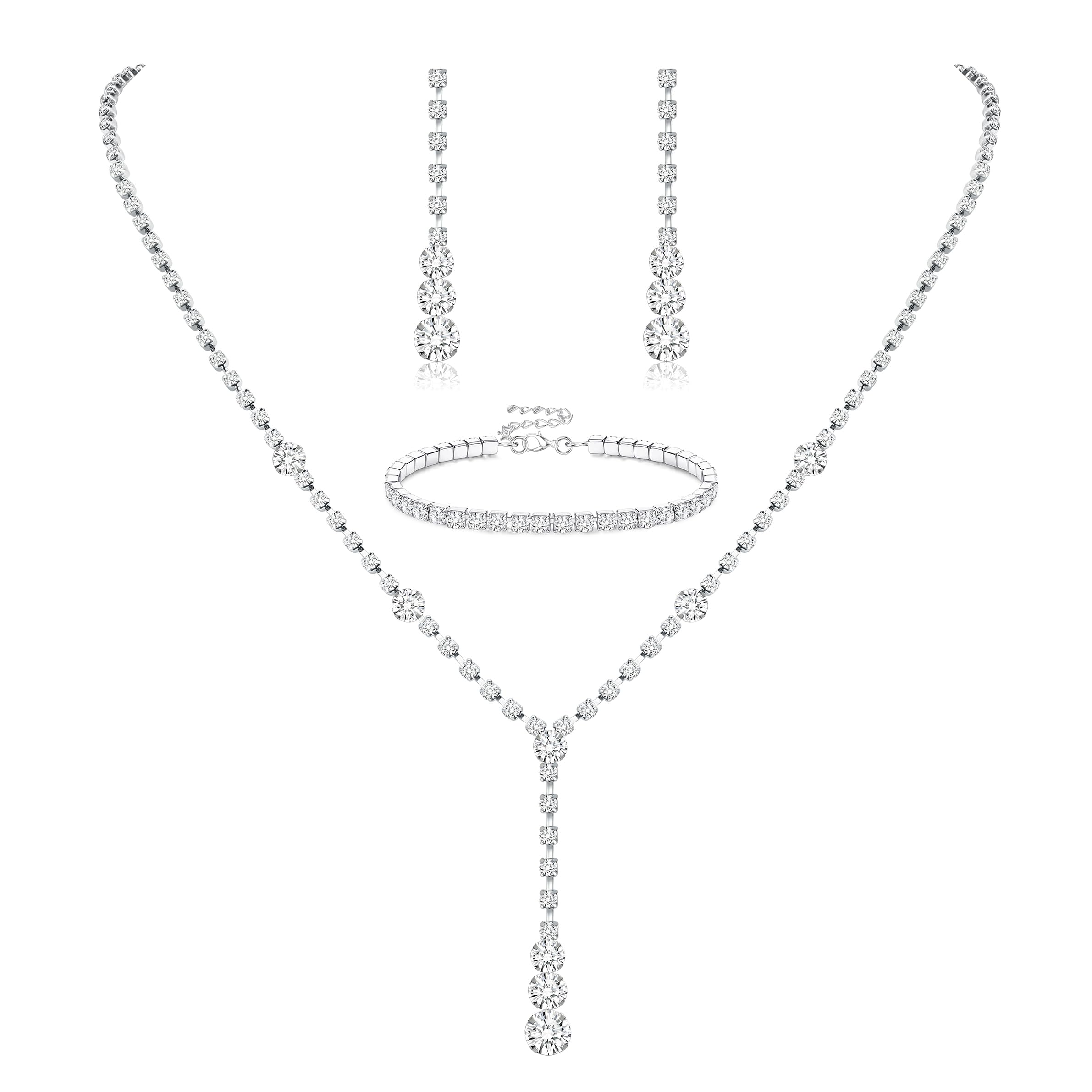 Silver Plated Jewelry Set for Women Rhinestone Crystal Necklace Drop Earrings Link Bangle Bracelet Bridal Wedding Jewelry Sets for Brides Bridesmaid Prom Costume Accessories