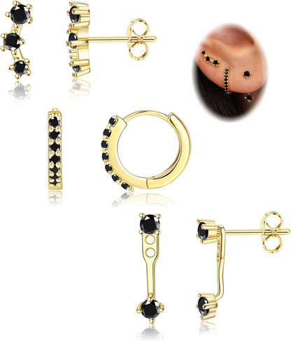 FIASASO 3 Pairs 925 Sterling Silver Hypoallergenic Earrings Set for Multiple Piercing Dainty 14K Gold Plated Stud Huggie Small Hoop Earrings for Women Trendy Cute Earring Stacks for Sensitive Ears