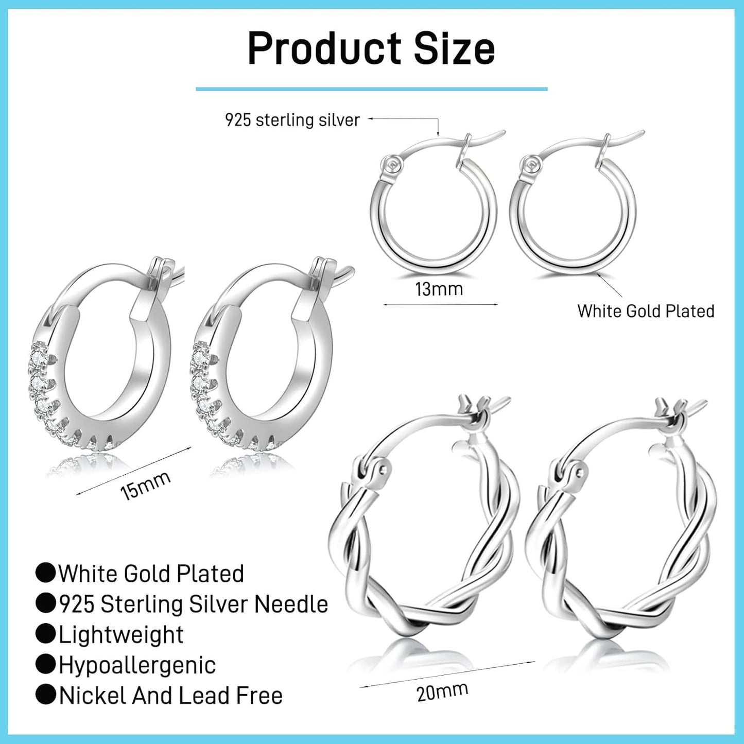 PABBEU Gold Hoop Earrings for Women Sterling Silver Post Small Gold Hoop Earrings 14k Real Gold Tiny Hypoallergenic Small Hoop Earrings Set for Women Men 13/15 /20mm
