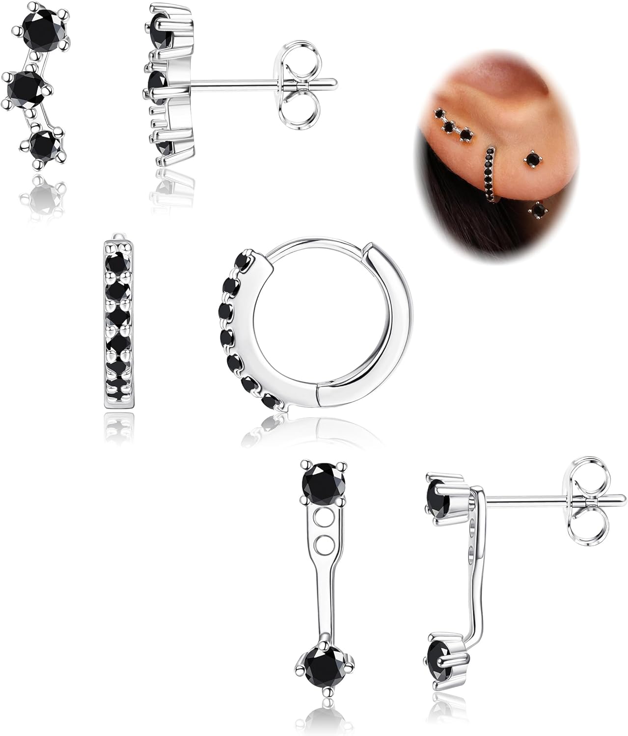 FIASASO 3 Pairs 925 Sterling Silver Hypoallergenic Earrings Set for Multiple Piercing Dainty 14K Gold Plated Stud Huggie Small Hoop Earrings for Women Trendy Cute Earring Stacks for Sensitive Ears