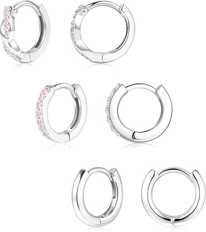 Gold Huggie Hoop Earrings Set for Women, Dainty Small Sterling Silver Earrings for Multiple Piercing Lightweight Hypoallergenic Jewelry, Trendy Twisted Cubic Zircon Cartilage Earrings for Women's Gifts 3 Pairs