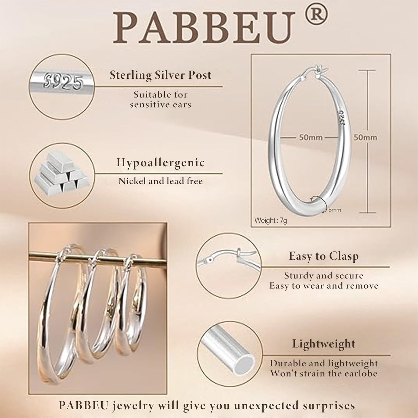 PABBEU S925 Sterling Silver Hoop Earrings Large Silver Hoop Earrings for Women Hypoallergenic Lightweight Big Thick Silver Hoop Earrings for Women Girls 35/40/50/60/70mm