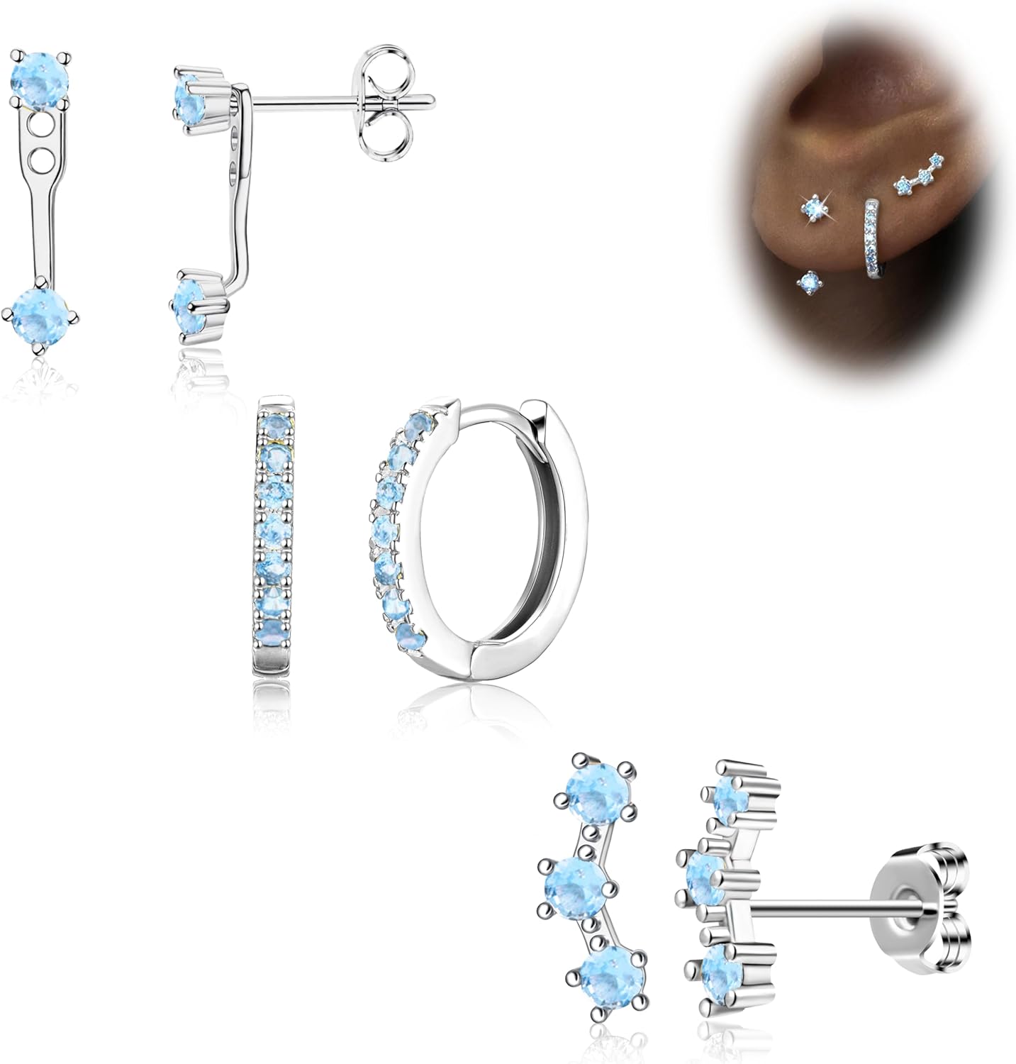 Gold Stud Earrings Set for Women, 3 Pairs Huggie Hoop Jacket Studs Earring Stack for Multiple Piercing, Hypoallergenic 925 Sterling Silver Post Dainty Birthstone Trendy Valentine Jewelry Gifts