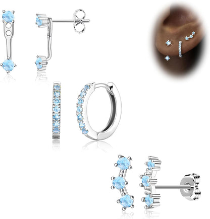 Gold Stud Earrings Set for Women, 3 Pairs Huggie Hoop Jacket Studs Earring Stack for Multiple Piercing, Hypoallergenic 925 Sterling Silver Post Dainty Birthstone Trendy Valentine Jewelry Gifts