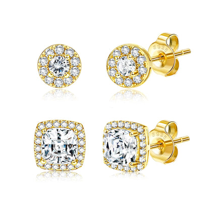 18K Gold Plated Halo Stud Earrings 925 Sterling Silver Cubic Zirconia Stud Earrings Round Square Diamonique Stud Earrings Set for Women Men