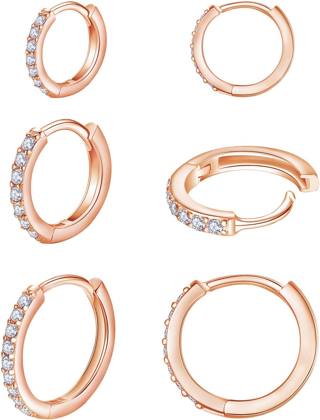 925 Sterling Silver Small Hoop Earrings Cubic Zirconia Huggie Hoop Earrings, 3 Pairs 14K White Gold Plated Cartilage Piercing Earrings Ear Cuff Tiny Hoop Earrings for Women Men