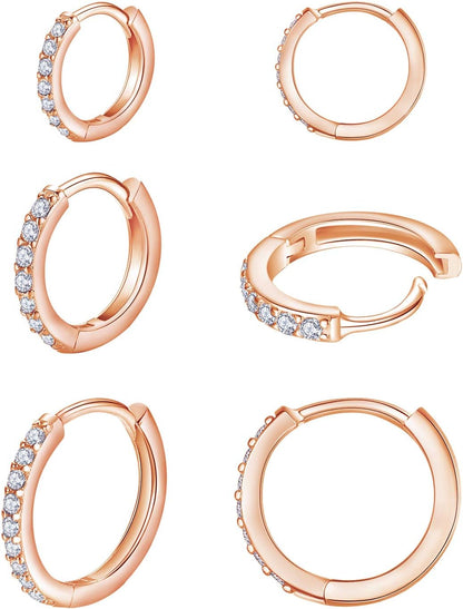 925 Sterling Silver Small Hoop Earrings Cubic Zirconia Huggie Hoop Earrings, 3 Pairs 14K White Gold Plated Cartilage Piercing Earrings Ear Cuff Tiny Hoop Earrings for Women Men