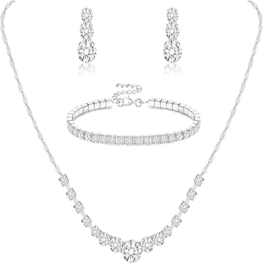 3-Piece Silver Rhinestone Jewelry Set