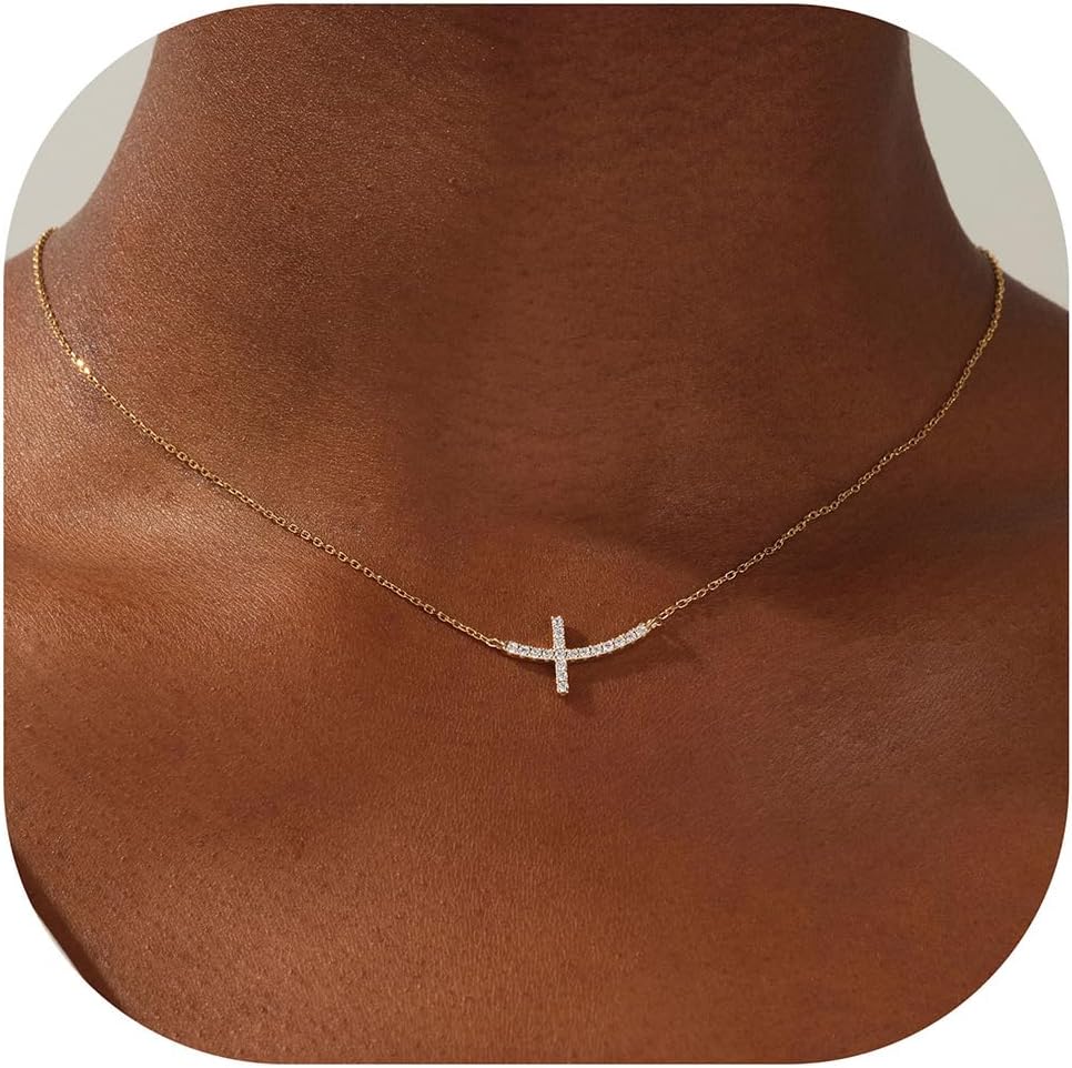 MONOZO Cross Necklace for Women，14K Gold Plated Cross Necklace Layered Gold Cross Necklace Tiny Sideway Cross Choker Necklace Gold Cross Necklaces for Women Trendy Gold Jewelry Gifts for Women Trendy