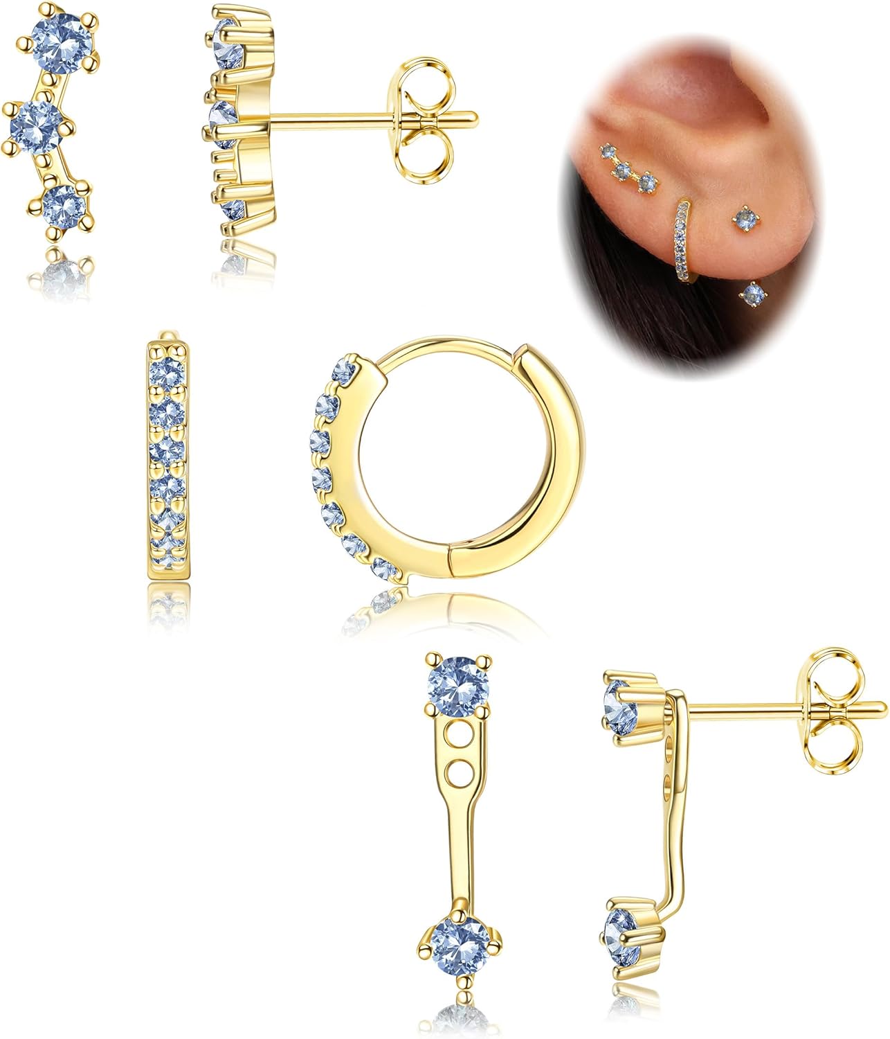 FIASASO 3 Pairs 925 Sterling Silver Hypoallergenic Earrings Set for Multiple Piercing Dainty 14K Gold Plated Stud Huggie Small Hoop Earrings for Women Trendy Cute Earring Stacks for Sensitive Ears