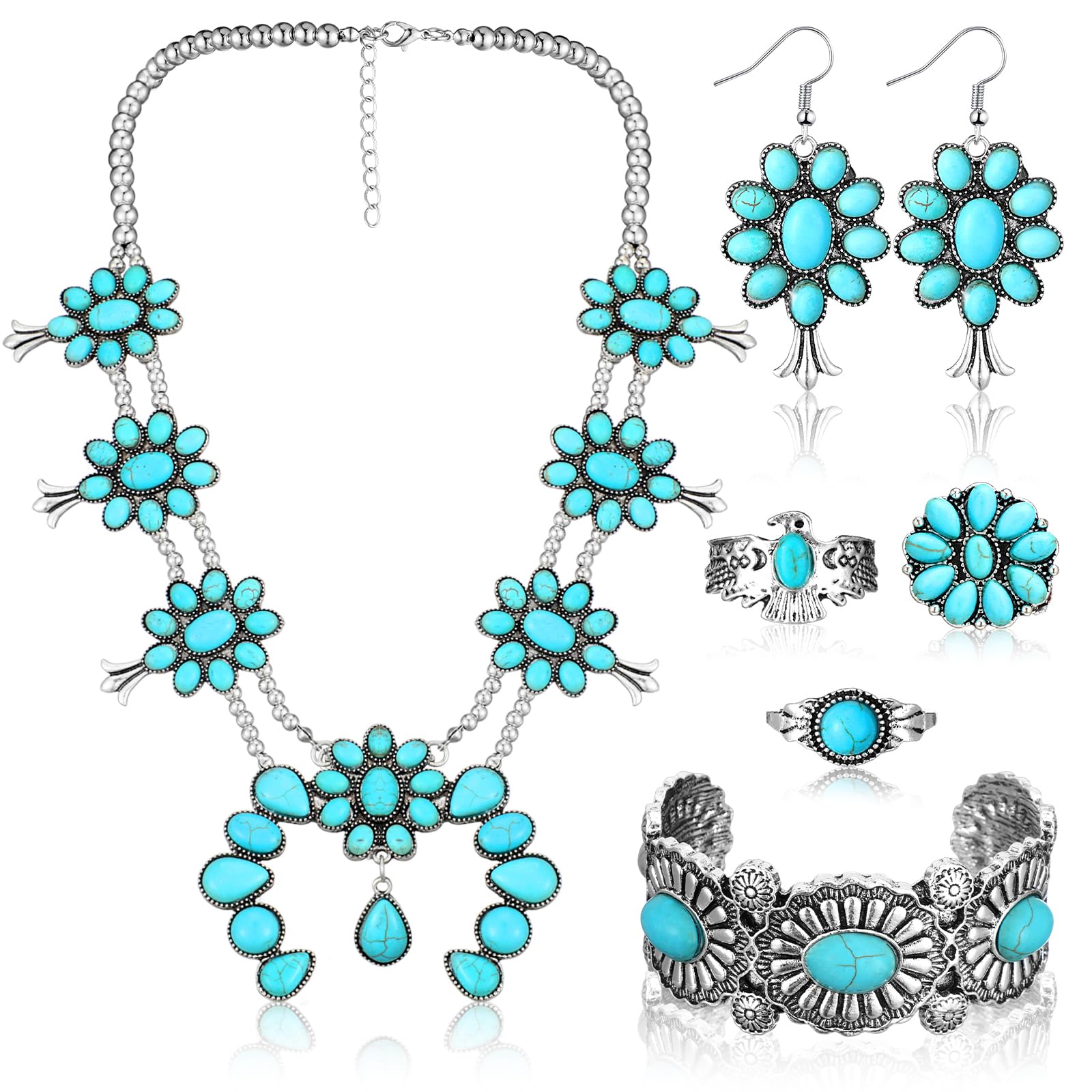 Bohemian Western Jewelry Turquoise Set Women Country Pendant Long Choker Layered Bracelets Earrings Ring for Women