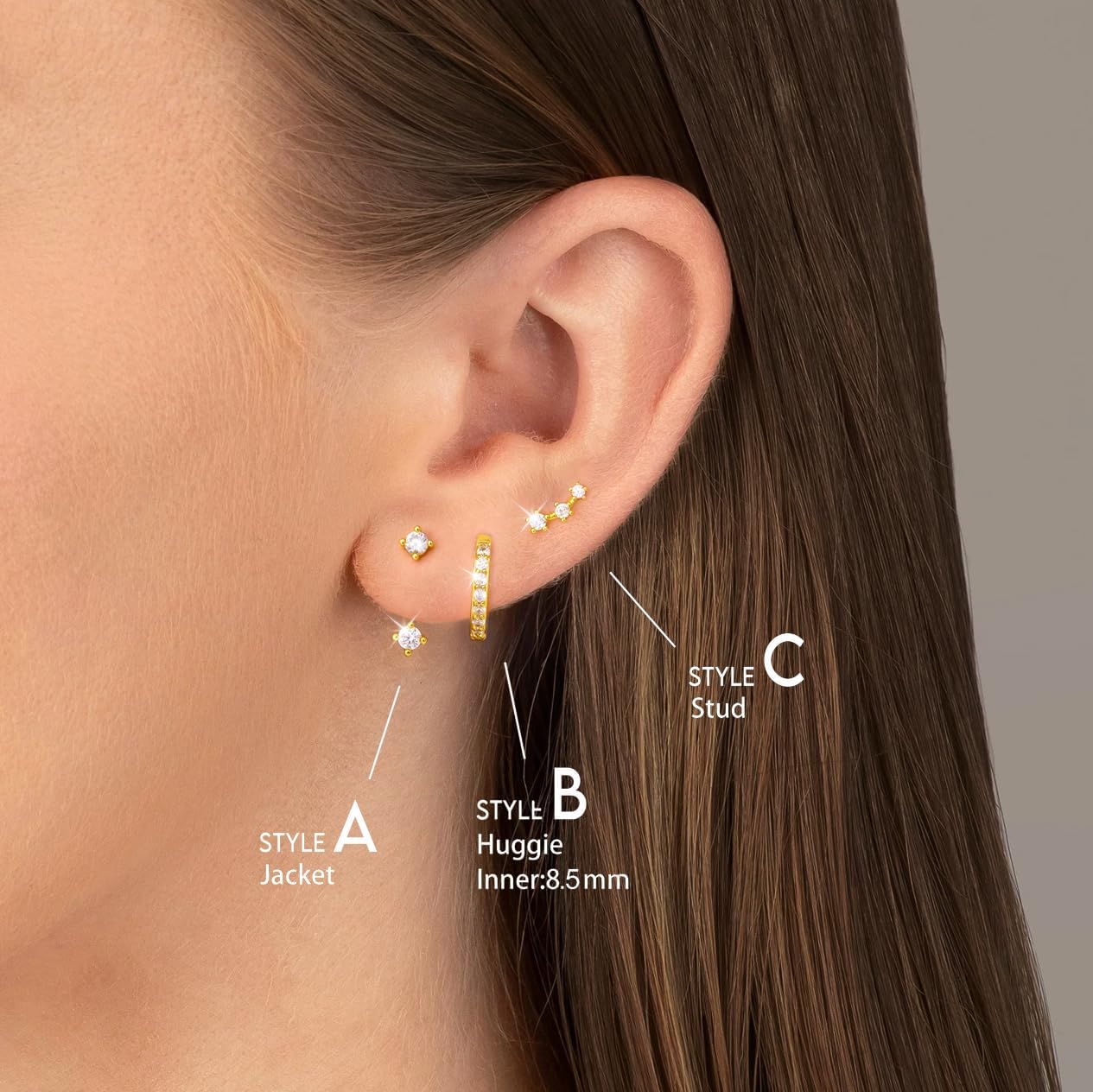 Gold Stud Earrings Set for Women, 3 Pairs Huggie Hoop Jacket Studs Earring Stack for Multiple Piercing, Hypoallergenic 925 Sterling Silver Post Dainty Birthstone Trendy Valentine Jewelry Gifts
