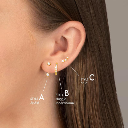 Gold Stud Earrings Set for Women, 3 Pairs Huggie Hoop Jacket Studs Earring Stack for Multiple Piercing, Hypoallergenic 925 Sterling Silver Post Dainty Birthstone Trendy Valentine Jewelry Gifts