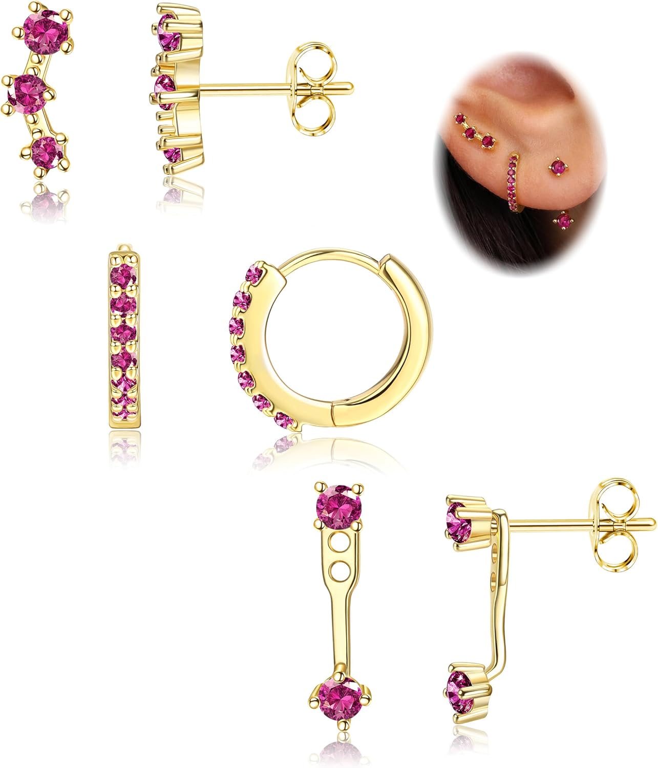 FIASASO 3 Pairs 925 Sterling Silver Hypoallergenic Earrings Set for Multiple Piercing Dainty 14K Gold Plated Stud Huggie Small Hoop Earrings for Women Trendy Cute Earring Stacks for Sensitive Ears