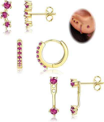 FIASASO 3 Pairs 925 Sterling Silver Hypoallergenic Earrings Set for Multiple Piercing Dainty 14K Gold Plated Stud Huggie Small Hoop Earrings for Women Trendy Cute Earring Stacks for Sensitive Ears
